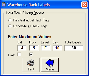 Printing Rack Labels Panel